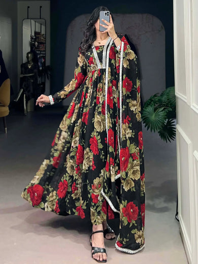 Attractive Red Floral Print Georgette Traditional Gown With Dupatta